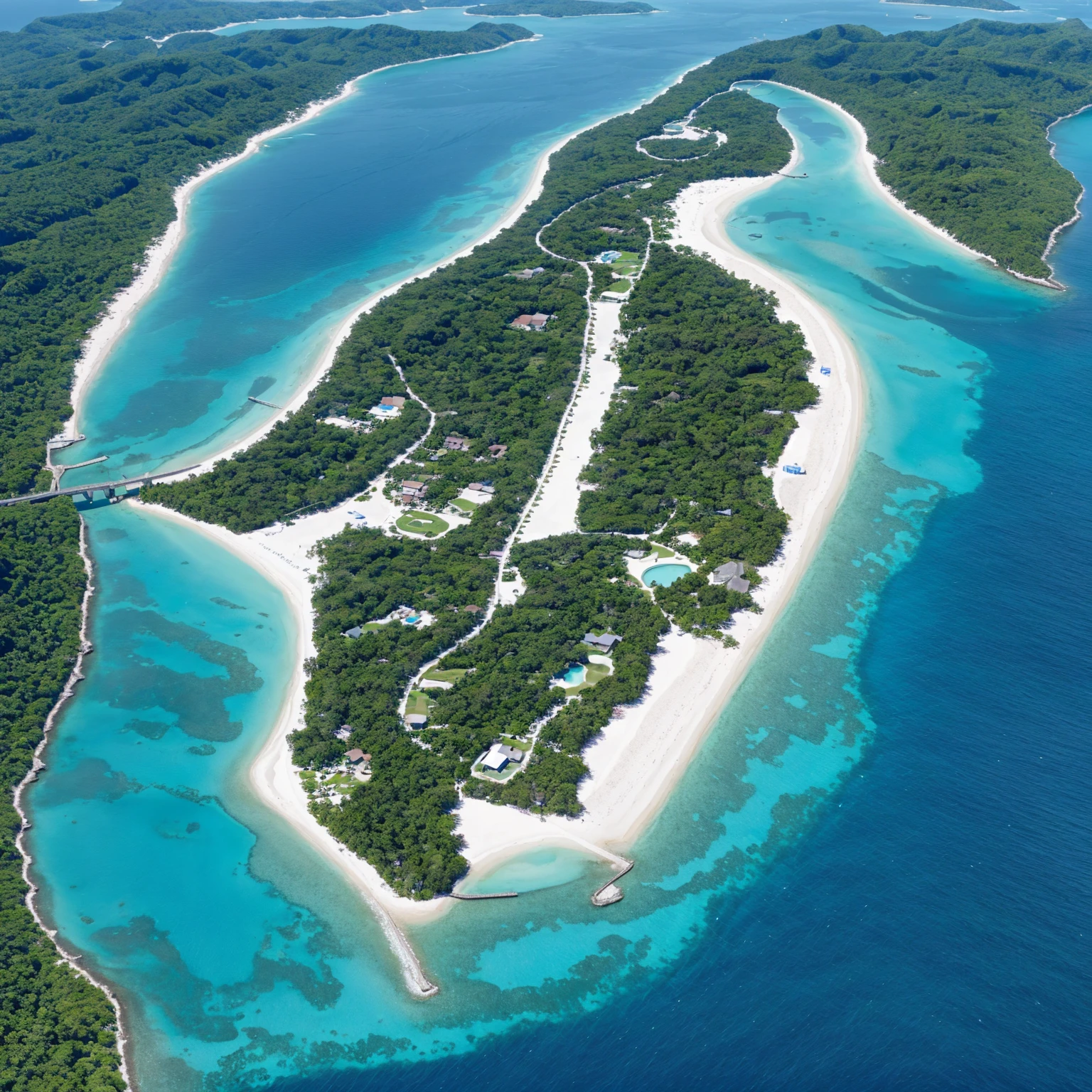 This is an artificial island without drawing on the land on the island. The island is surrounded by a strip of white sand gradually spreading out to the sea, the sea surface has gentle waves, the water surface is blue like the sea water in the Maldives.