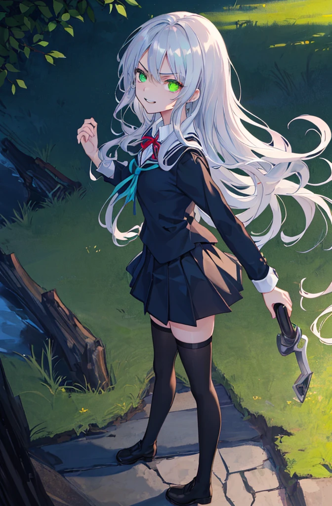 hill background,original,(illustration:1.1),(best quality),(masterpiece:1.1),(extremely detailed CG unity 8k wallpaper:1.1), (colorful:0.9),(mid shot:0.95),(highly detailed beautiful face and body),(solo:1.2), (girl),(((adult))), (detailed beautiful eyes:1.15), (beautiful face:1.15), (glowing green eyes:1.25////),((jewel-like eyes)),(petite),(cute girl),(((blue long hair))),((blue long hair)),(wavy hair),((wavy hair)),(+perfect hand+:1.21),(gothic school uniform),(Religious),(slender),(black clothes),(gothic ribbon),ribbon tie,small breasts,miniskirt,gothic boots,black thighhighs,slim body,(evil smile),detailed background,eluding,erotic thighs,((stand ready for enemy attack)),((on the hill)),((angle from above)),(angry),slightly elevated location,There is a little grass and trees around,You can see the village in the distance,from side,