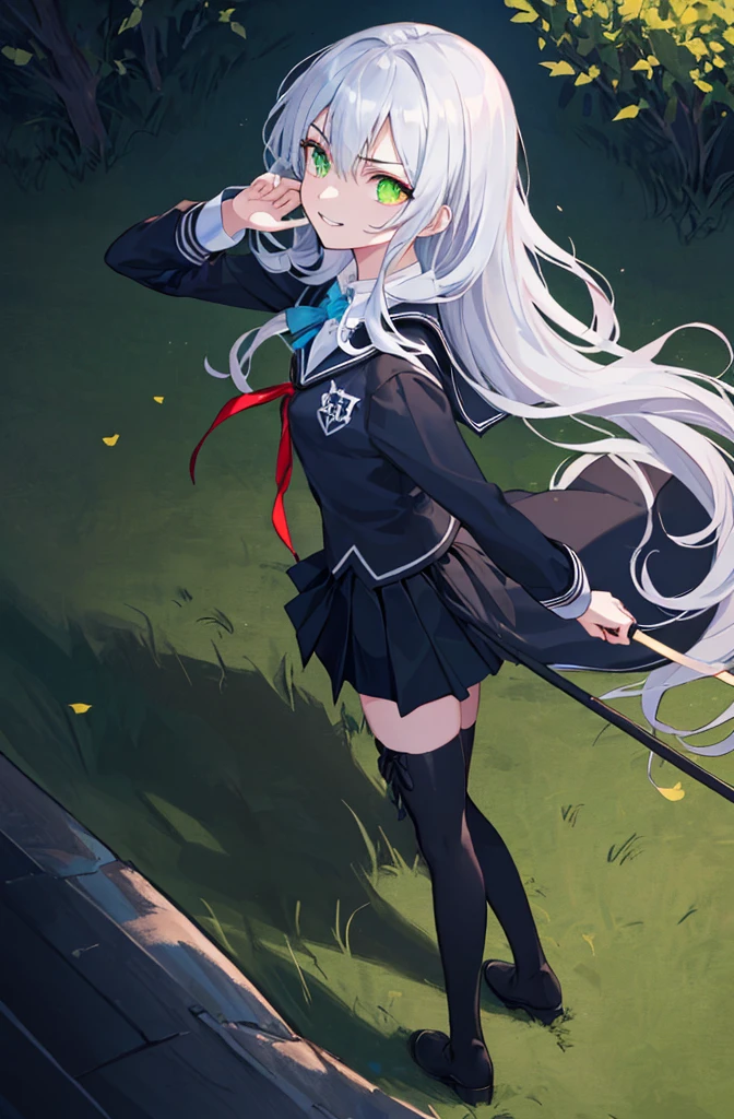 hill background,original,(illustration:1.1),(best quality),(masterpiece:1.1),(extremely detailed CG unity 8k wallpaper:1.1), (colorful:0.9),(mid shot:0.95),(highly detailed beautiful face and body),(solo:1.2), (girl),(((adult))), (detailed beautiful eyes:1.15), (beautiful face:1.15), (glowing green eyes:1.25////),((jewel-like eyes)),(petite),(cute girl),(((blue long hair))),((blue long hair)),(wavy hair),((wavy hair)),(+perfect hand+:1.21),(gothic school uniform),(Religious),(slender),(black clothes),(gothic ribbon),ribbon tie,small breasts,miniskirt,gothic boots,black thighhighs,slim body,(evil smile),detailed background,eluding,erotic thighs,((stand ready for enemy attack)),((on the hill)),((angle from above)),(angry),slightly elevated location,There is a little grass and trees around,You can see the village in the distance,from side,