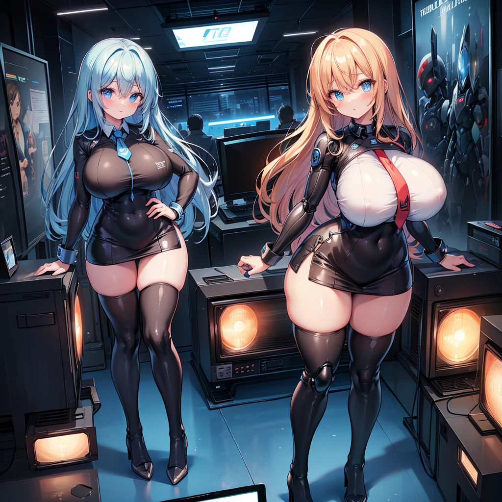(masterpiece) (high Res), (robot), (Perfect face), (perfect anatomy), robot woman with a television head, in super tight clothes, (office suit), (mini skirt), shirt, tie, blue glowing eyes, huge breast, narrow waist, wide hips, thick thighs, Brown skin, metal body, black high heels, (TV Head), (tv girl), (Television Head)
