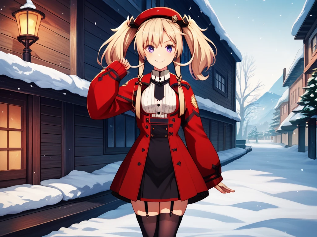 SashaNecron, blonde hair, twintails, solo,  uniform, black thighhighs, garter straps, hair ornament, light smile, purple eyes,short tie, red uniform, long sleeves, score_9,  score_8_up, score_7_up, score_6_up, source_anime, happy,pea coat,beret,fluffy scarf,maxi skirt ,outdoors, winter,snow, Best Quality, High resolution, Extremely detailed, Detailed background, Perfect Lighting