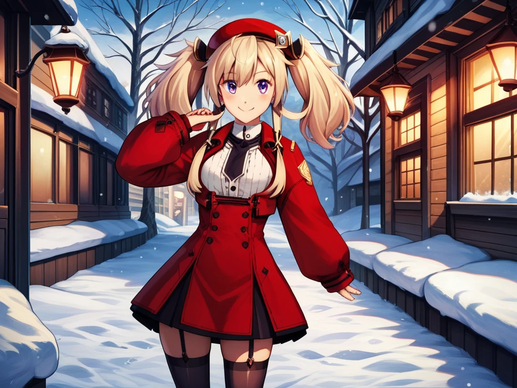 SashaNecron, blonde hair, twintails, solo,  uniform, black thighhighs, garter straps, hair ornament, light smile, purple eyes,short tie, red uniform, long sleeves, score_9,  score_8_up, score_7_up, score_6_up, source_anime, happy,pea coat,beret,fluffy scarf,maxi skirt ,outdoors, winter,snow, Best Quality, High resolution, Extremely detailed, Detailed background, Perfect Lighting