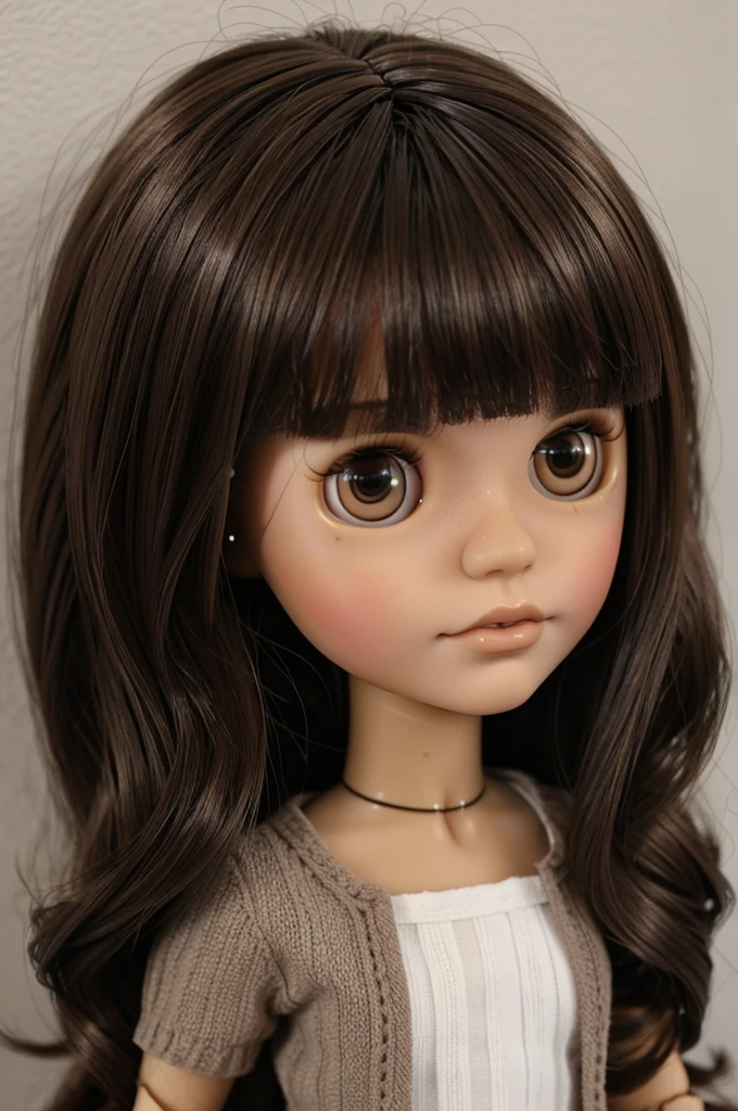 Blythe doll Brunette, with dark brown hair long styled to the side.