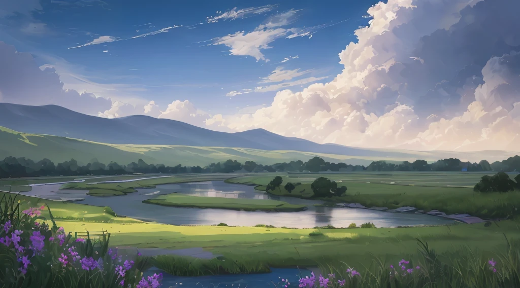 16k quality, masterpice, epic light, natural Subsurface scattering on plants, big and gorgeous skies, ultra detailed flowers with different colors in prim plan, dinamic river being by grass, contrast and joyfull real-nature colors, defined flower, very realistic flowers