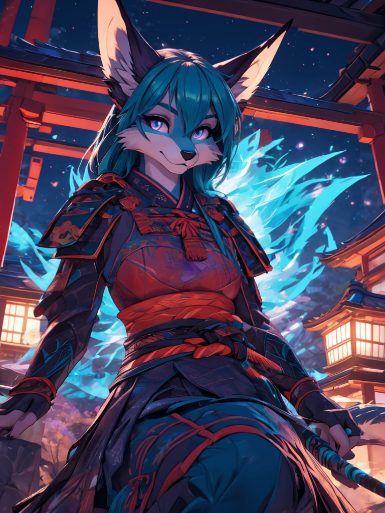 Miku Hatsune x vixen , purple body alta definicion buena anatomia add_detail:1, pelo azul,orejas de kitsune, tatuaje tribal add_detail:1, cute girl add_detail:1,japanese corpse field add_detail:1, fullbody  descalza add_detail, rostro altamente detallados, deep aqua iris add_detail:1 lighting eyes add_detail:3, garras de lobo, colmillos afilados add_detail:1, zorra salvaje add_detail:1, aura de luz resplandeciente add_detail:3,  sakuras landscape add_detail:1, samurai warrior