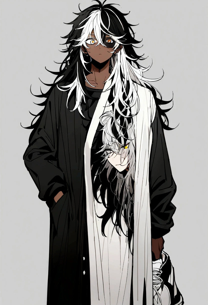 It has a black shirt with silver details, a black hunt, and black and white sneakers ,yellow and black eyes heterochromia, dark expression , Messy hair , Medium length hair , 1 men , black and white hair more black than white , two tone hair , dark skin color has, in your costata call. fire black color lots of detail