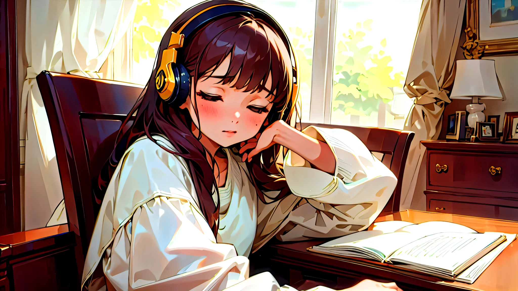 (Highest quality, masterpiece, Ultra-realistic), Beautiful and delicate15Year-old girl portrait, With a calm and gentle expression, The background is the bedroom at home.、I am studying hard at my desk.、Holding a pen、Cute clothes、Bust is C cup、Wearing headphones and occasionally listening to music、Dance occasionally、When listening to music, I put my hands over my ears and close my eyes.