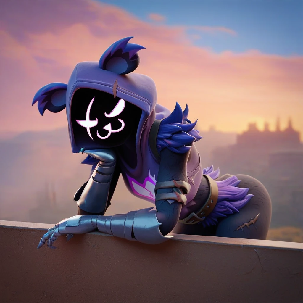 Raven team leader,purple hoodie, with no face, shadowed face, animal ears,purple skin, scar on eye, body skin, purple fur, waist belt, torso symbol, metal gloves, pointing your ass at the viewer, leaning forward, pushing, she closes her eyes, hands resting on top of a small wall, arms on top of a wall with her eyes closed, expression of force. scenery and a sunny day