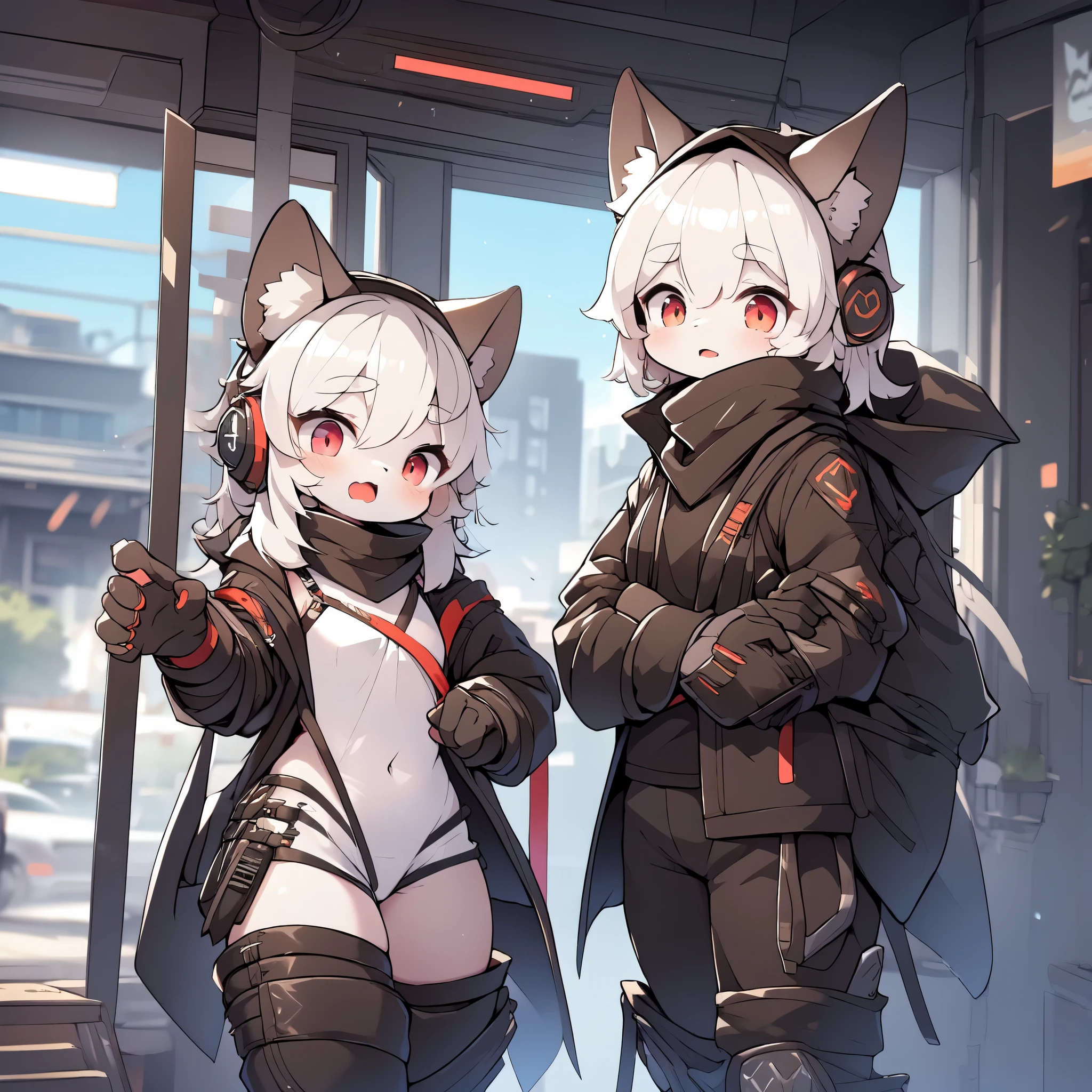 Kawaii, Striped Fluffy Fox, emaciated, long hair, 3girls, artificial synthetic skin, life support prosthetics, digital headphones, black tight latex bodysuit, white long dress, thigh-high-socks, shorts, loose off-the-shoulder hood open jacket, holsters in thigh, Mechanical boots, tactical knee pads, tactical belted loose Arm Sleeves, cybernetic Display gloves, chest rigs, tactical belts, blue archive halo, bulletproof goggles on forehead, from Ark nights, ray tracing, depth of field, bloom, masterpiece, ccurate, high details, highres