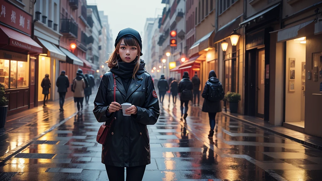 woman in the city with rain