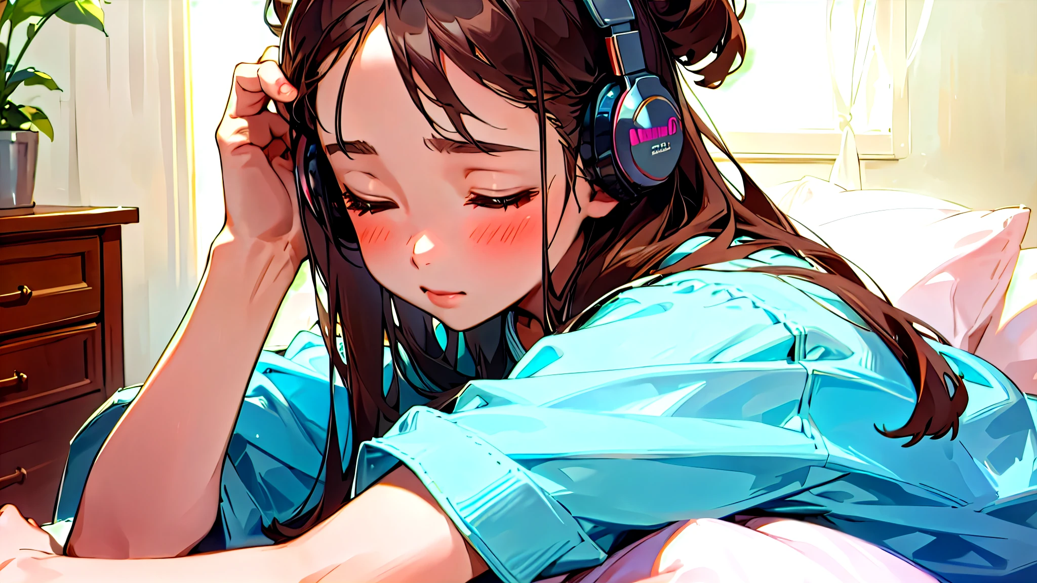 (Highest quality, masterpiece, Ultra-realistic), Beautiful and delicate１５Year-old girl portrait, With a calm and gentle expression, The background is the bedroom at home.、I am studying hard at my desk.、Holding a pen、Cute clothes、Bust is C cup、Wearing headphones and occasionally listening to music、Dance occasionally、When listening to music, I put my hands over my ears and close my eyes.