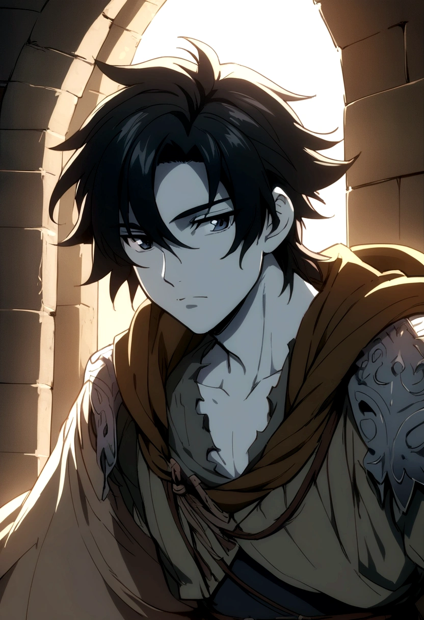 (anime style) (Middle Ages) a young man with black hair, white skin and youthful appearance, dressed in rags