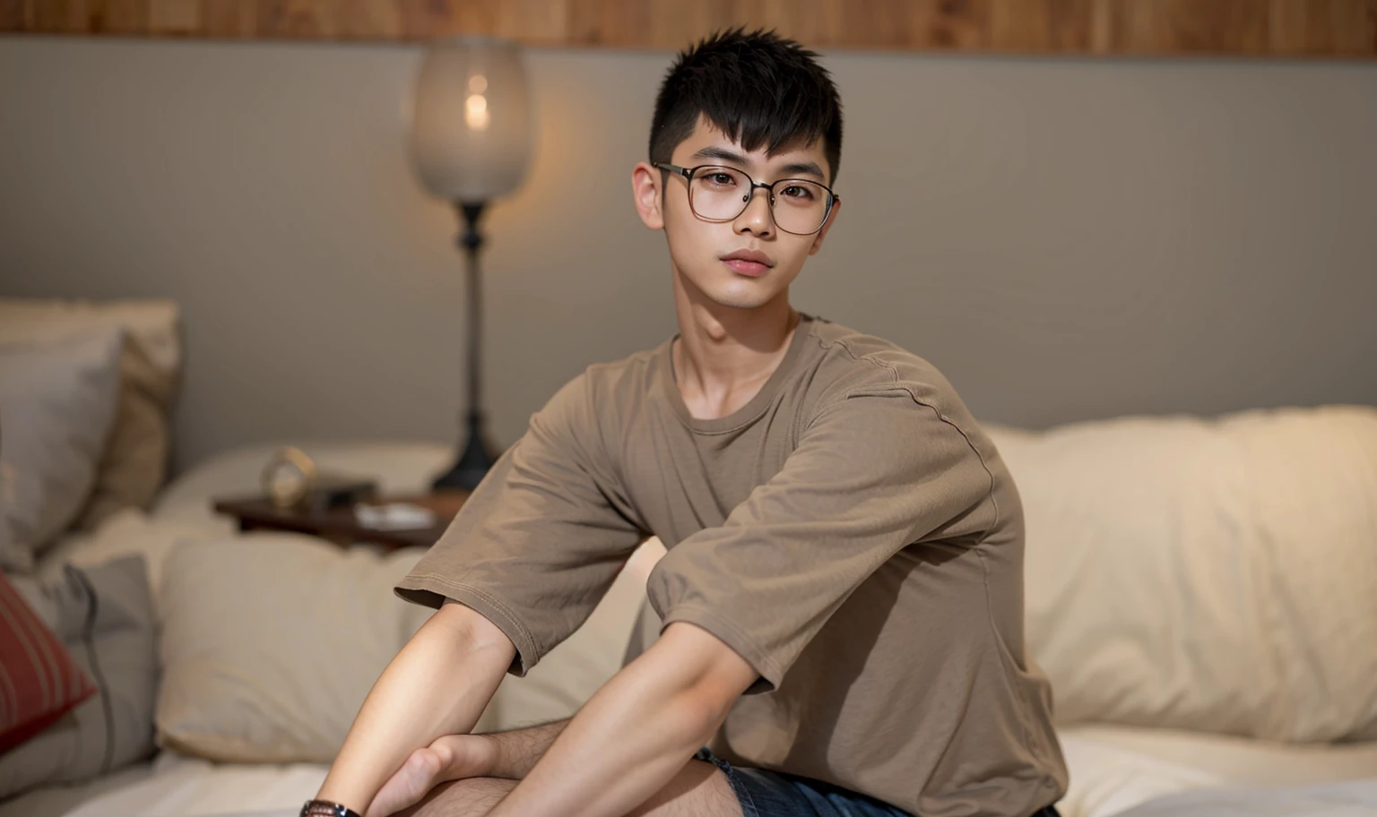 very hairy legs, wearing converse, high resolution, A man in his late 20s sitting with his legs crossed., Japanese, asia, wearing beige shorts, wearing a t-shirt, muscular and toned legs, glasses