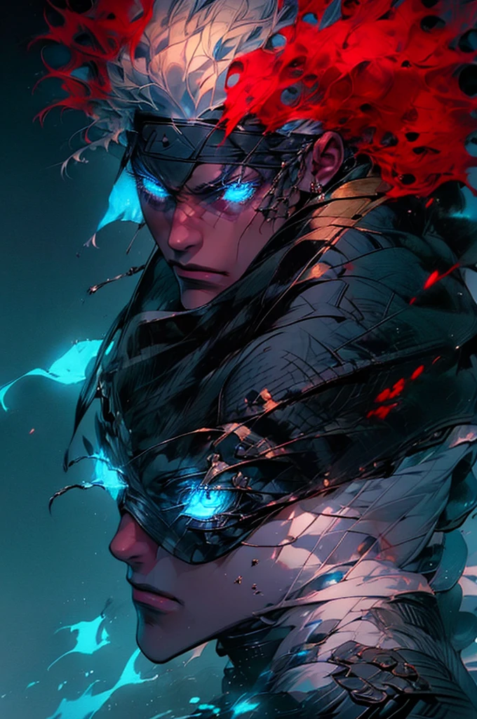 Satoru gojo, 1man, 1men, male character, white hair, glowing blue eyes, jujutsu Kaisen character, close up take, portrait take, full hd, 4k, intrincated, dinamic lights, professional digital draw.