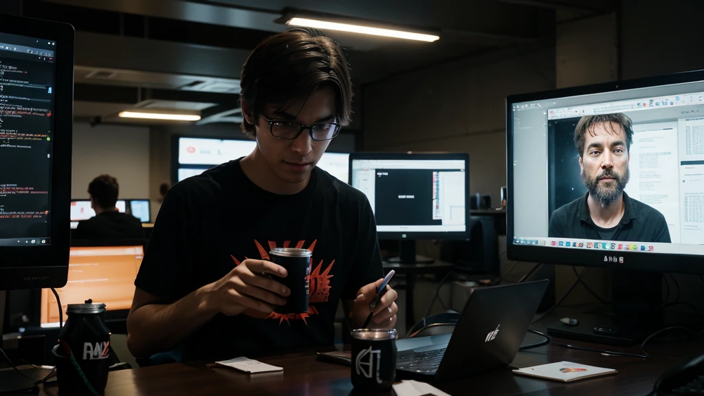 A web programmer is at a night hackathon, surrounded by other programmers. Has a laptop and an external monitor, both showing code in Ruby. There are cans of energy drink and snacks on the table. At the bottom, other teams are seen working intensely. 4K resolution captures the energy and dynamism of the event, with every element and line of code clearly visible.