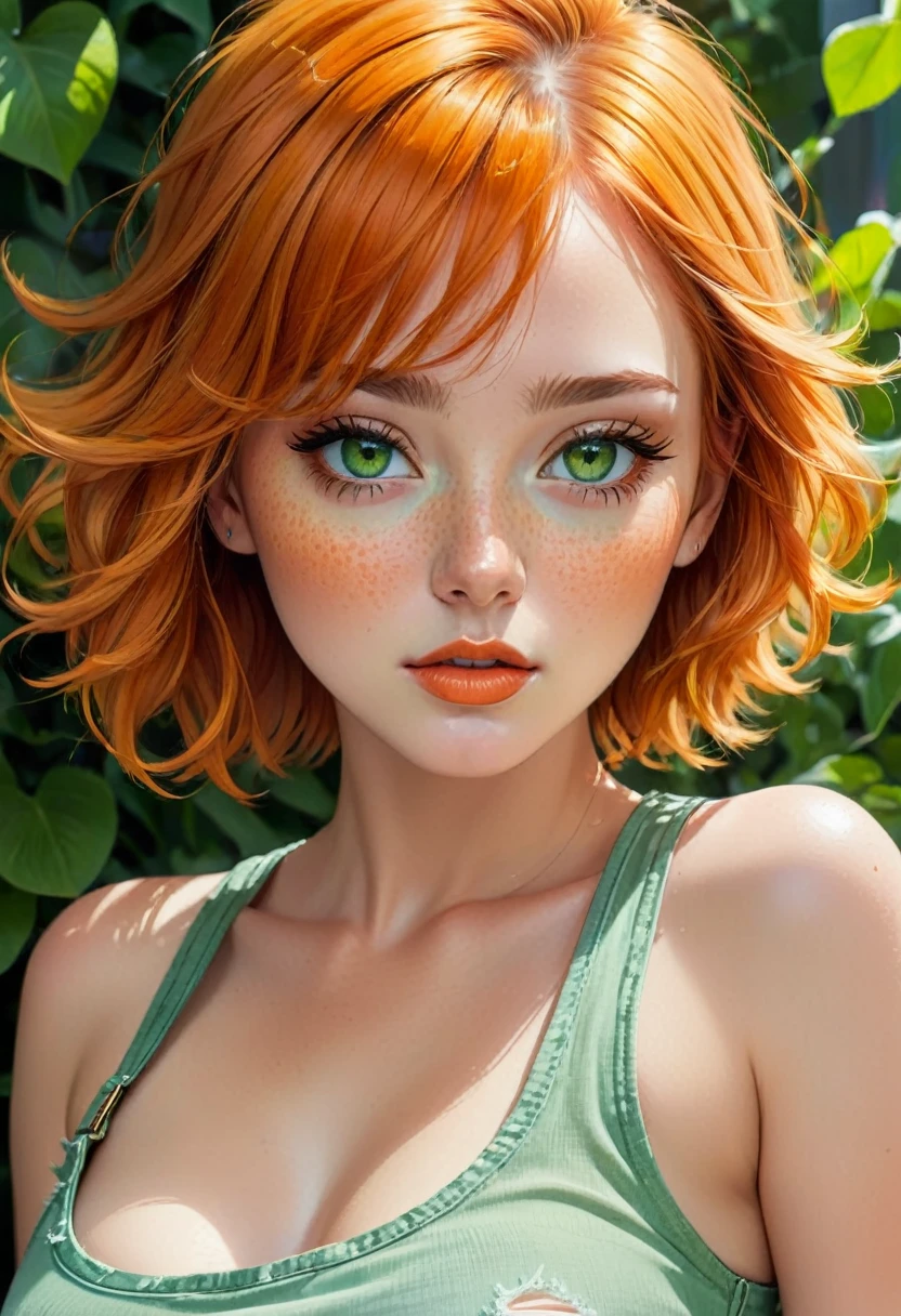 Here's a detailed prompt in English for drawing a beautiful girl:

Imagine a stunning girl with glossy lipstick, freckles on her delicate face, and short, orange hair with a subtle sheen. Her eyes are large, with a slight tilt, and they're a captivating shade of green tinged with yellow. Her face is gentle, framed by long eyelashes that accentuate her expressive eyes. She's dressed in a torn tank top that exposes her midriff, revealing a very provocative belly button. She pairs this with sky blue skinny jeans.