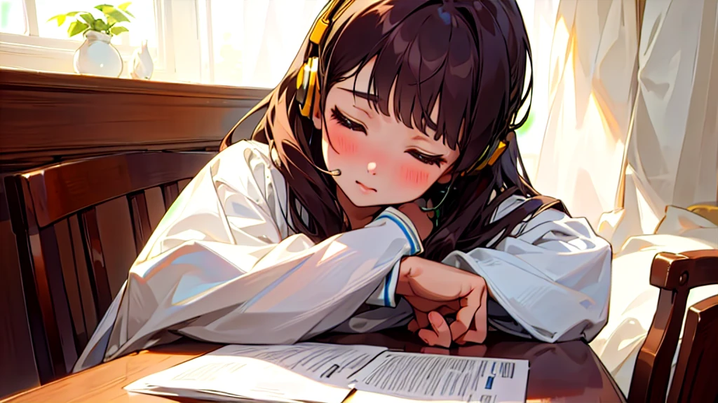 (Highest quality, masterpiece, Ultra-realistic), Beautiful and delicate15Year-old girl portrait, With a calm and gentle expression, The background is the bedroom at home.、I am studying hard at my desk.、Holding a pen、Cute clothes、Bust is C cup、Wearing headphones and occasionally listening to music、Dance occasionally、When listening to music, I put my hands over my ears and close my eyes.