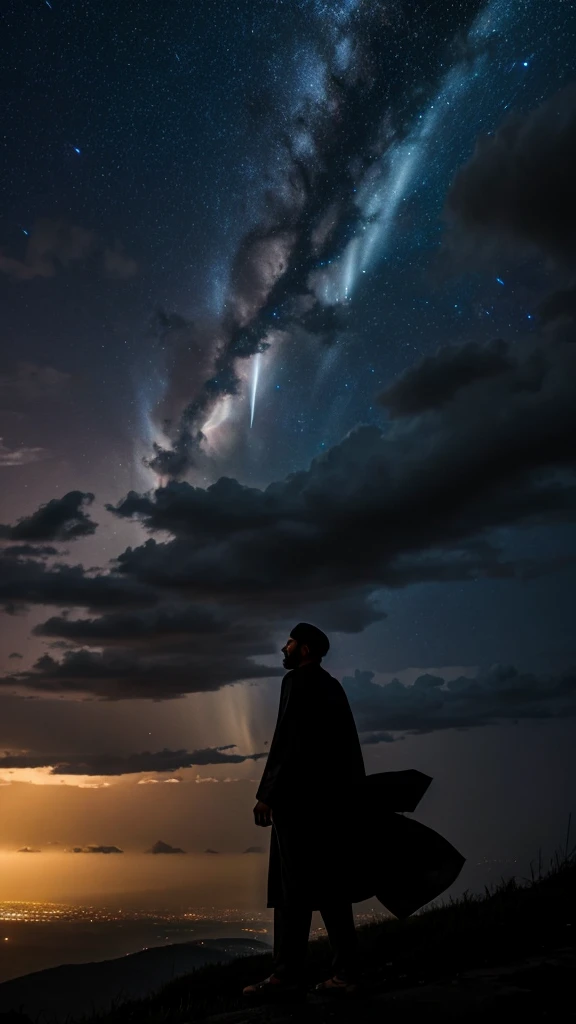 
a Muslim man on a high hill who was watching a meteor shower that lit up the night sky, with amazing and scary light effects around him. Against the backdrop of black clouds accompanied by terrifying, dramatic lightning