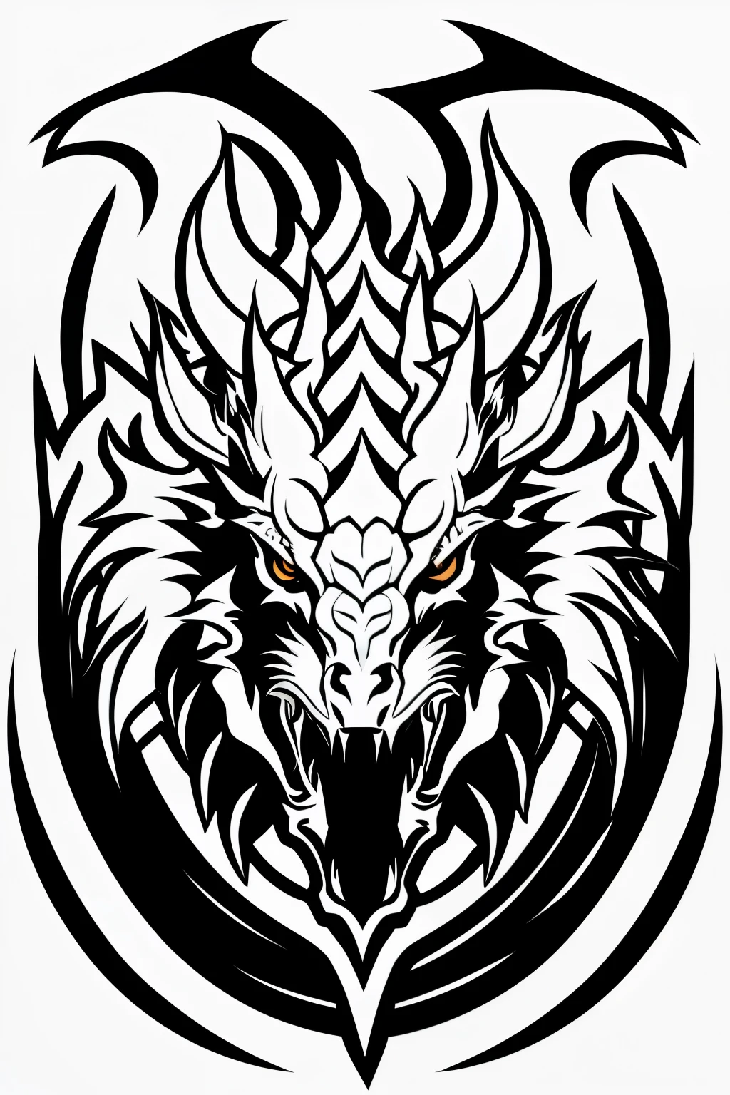 a FRONTAL LOGO of a HEAD dragon LOGO vector in black and white, lineart