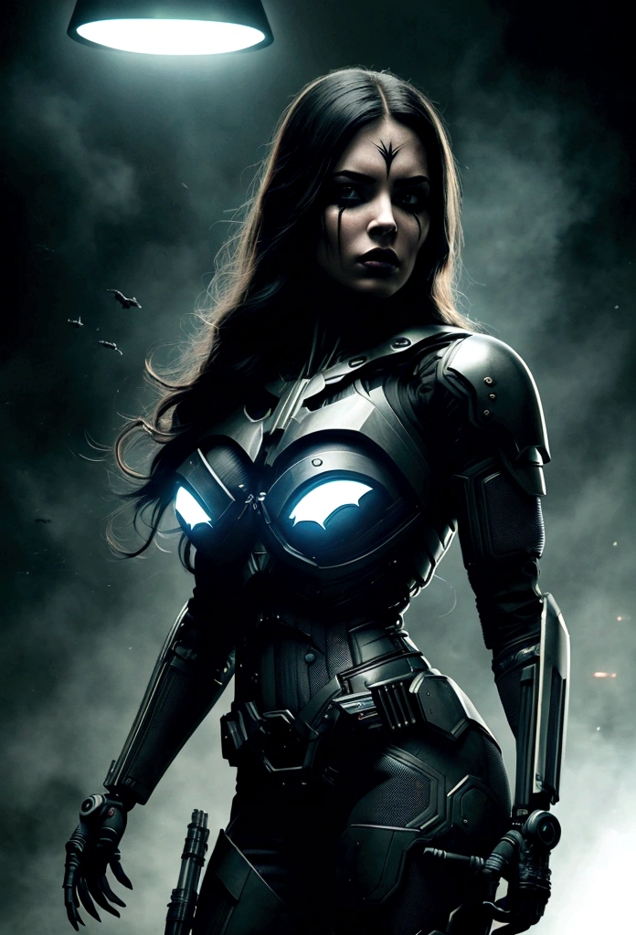 mulher guerreira cyborg de corpo inteiro em estilo mágico enferrujado, Cyberpunk Rise, Cyberware, cyborg, carbon fibers, chrome, implants, metal skull, Cybernetic plate armor, (dark atmospher:1.2), (haze & smoke rising), (it&#39;s dark night:1.3), The scars, (medium length shaggy dark hair:1.1), (eye shadows:1.1), (beautifully detailed glow:1.2), (cinematic lighting), details Intricate, A high resolution, rounded eyes, detailed facial features, sharp focus, smooth ass, Aesthetics, Industrial plant detailed dark background, stylish pose, dynamic poses, (dramatic painting)