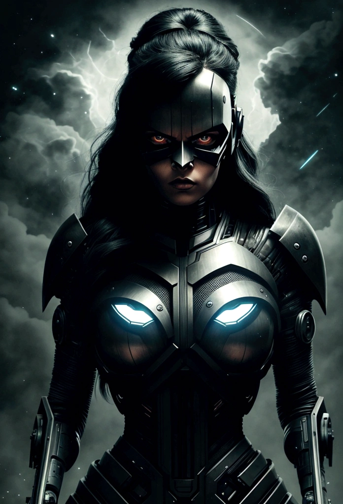 mulher guerreira cyborg de corpo inteiro em estilo mágico enferrujado, Cyberpunk Rise, Cyberware, cyborg, carbon fibers, chrome, implants, metal skull, Cybernetic plate armor, (dark atmospher:1.2), (haze & smoke rising), (it&#39;s dark night:1.3), The scars, (medium length shaggy dark hair:1.1), (eye shadows:1.1), (beautifully detailed glow:1.2), (cinematic lighting), details Intricate, A high resolution, rounded eyes, detailed facial features, sharp focus, smooth ass, Aesthetics, Industrial plant detailed dark background, stylish pose, dynamic poses, (dramatic painting)
