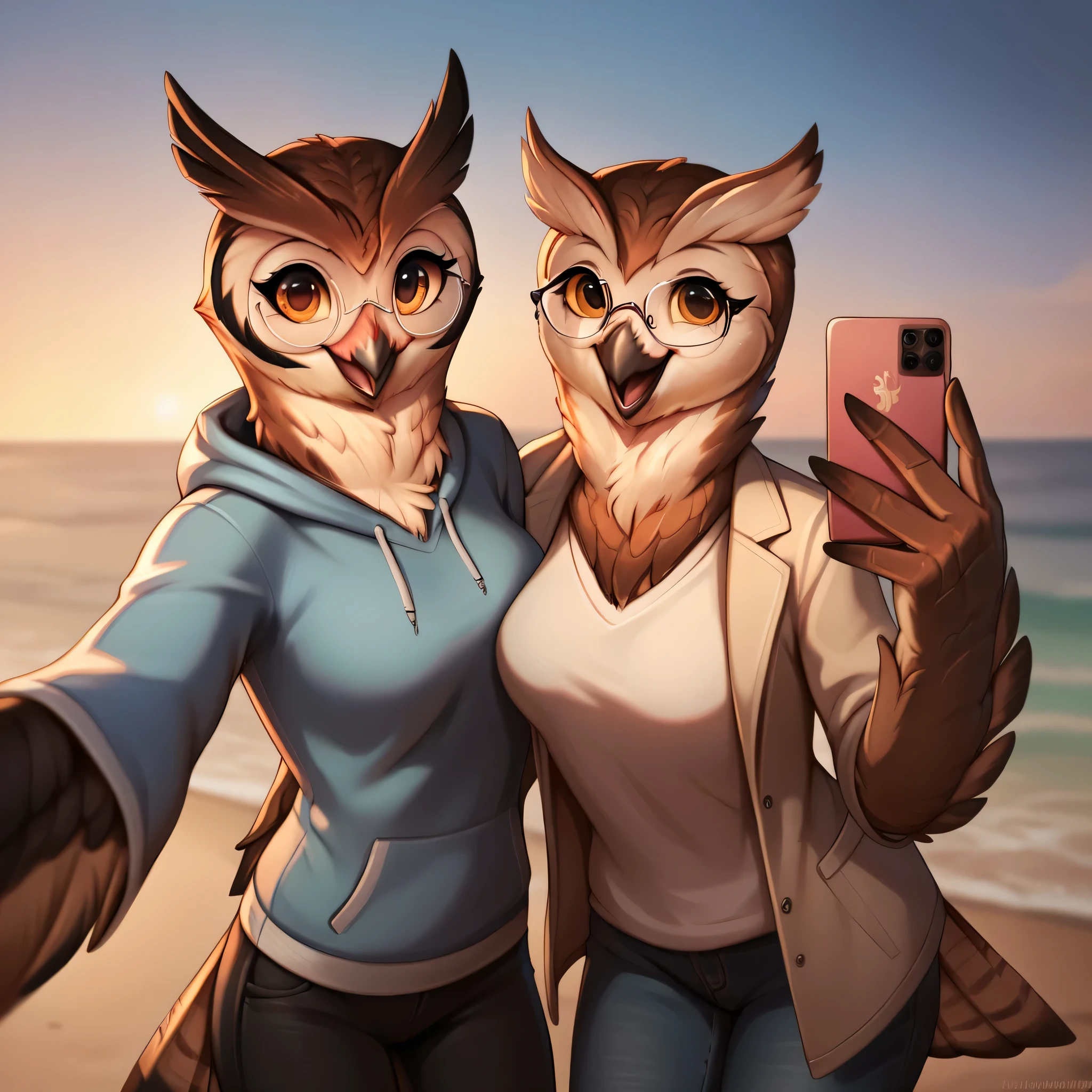 score_9, score_8_up, score_7_up, score_6_up, score_5_up, source_furry, anthro, bird, avian, (owl), ((duo)), female, shirt, sweatshirt, pants, (detailed background), outside, coat, sea, (smile, happy, happy expression), expressive, hi res, highly detailed, 8k, detailed feathers, feathers, selfie, taking a selfie, gesture, detailed eyes, brown feathers, white feathers, black feathers, detailed, winged arms, feather hands, adult, realistic feathers, eyelashes, (glasses), eyewear, beak