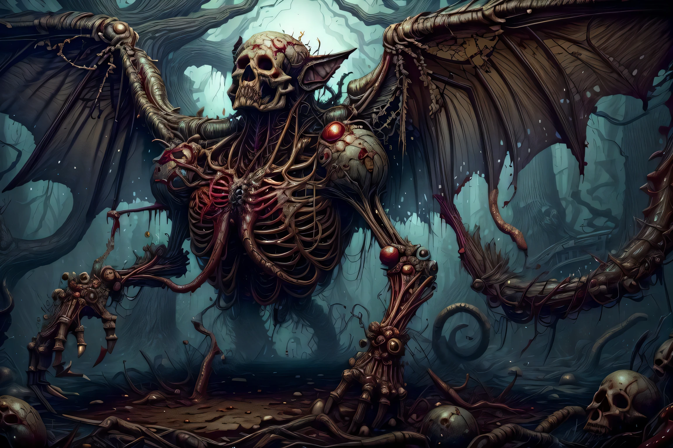 DREAD, worldofundead, rotting, rotten flesh, Skeletal,, blood, gore, Massive Scaled Plasmic Textured Appendage-rich, Tripedal Single-Armed, Four-Fingered Hands, Quadrifurcated-Tailed, Tufted-Tailed, Slimy Skin, Tufted Ears, Dark Wings, , afternoon, volumetric lighting, , Horror,
