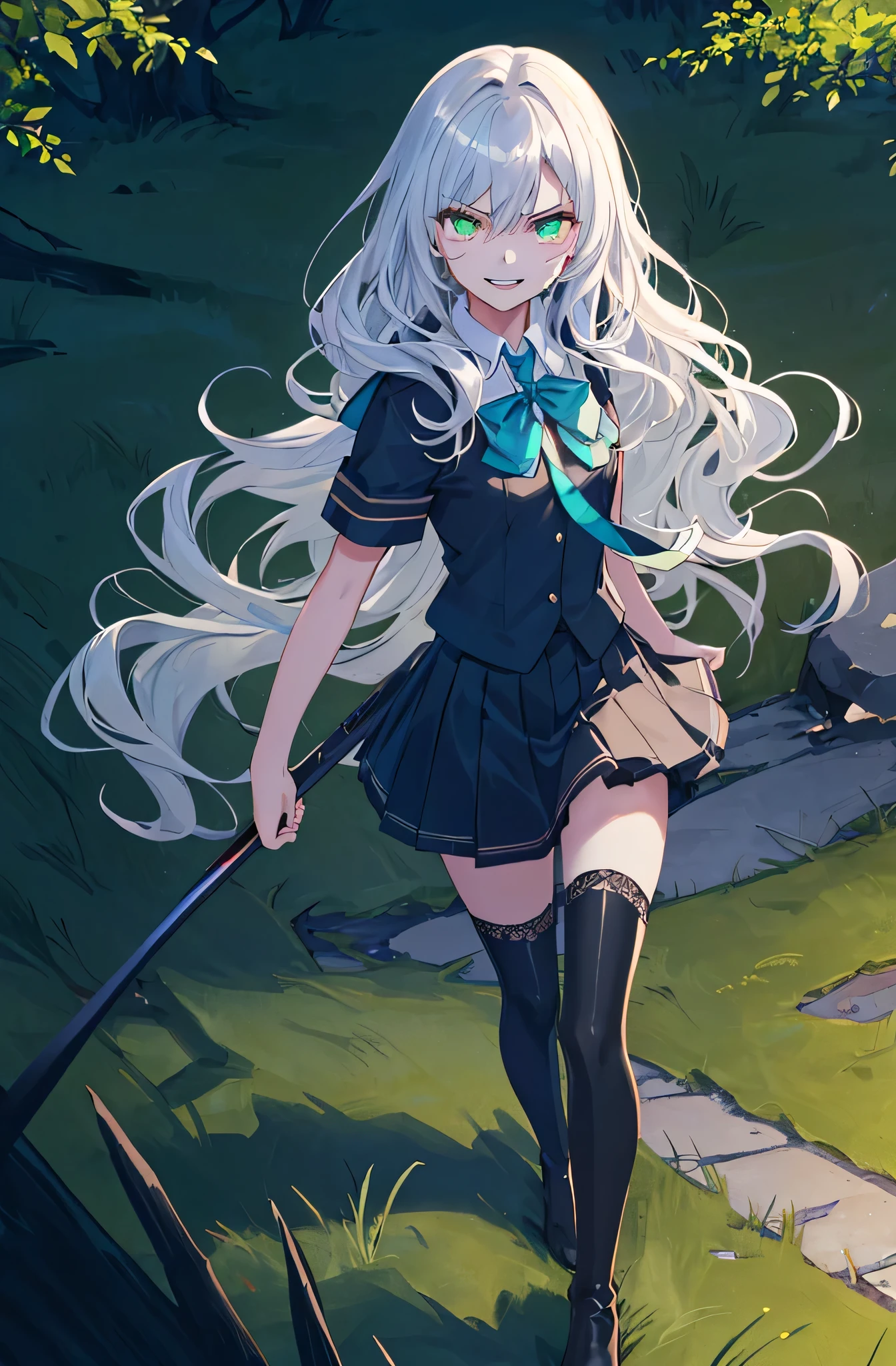 hill background,original,(illustration:1.1),(best quality),(masterpiece:1.1),(extremely detailed CG unity 8k wallpaper:1.1), (colorful:0.9),(mid shot:0.95),(highly detailed beautiful face and body),(solo:1.2), (girl),(((adult))), (detailed beautiful eyes:1.15), (beautiful face:1.15), (glowing green eyes:1.25////),((jewel-like eyes)),(petite),(cute girl),(((blue long hair))),((blue long hair)),(wavy hair),((wavy hair)),(+perfect hand+:1.21),(gothic school uniform),(Religious),(slender),(black clothes),(gothic ribbon),ribbon tie,small breasts,miniskirt,gothic boots,black thighhighs,slim body,(evil smile),detailed background,eluding,erotic thighs,((stand ready for enemy attack)),((on the hill)),((angle from above)),(angry),slightly elevated location,There is a little grass and trees around,You can see the village in the distance,from side,