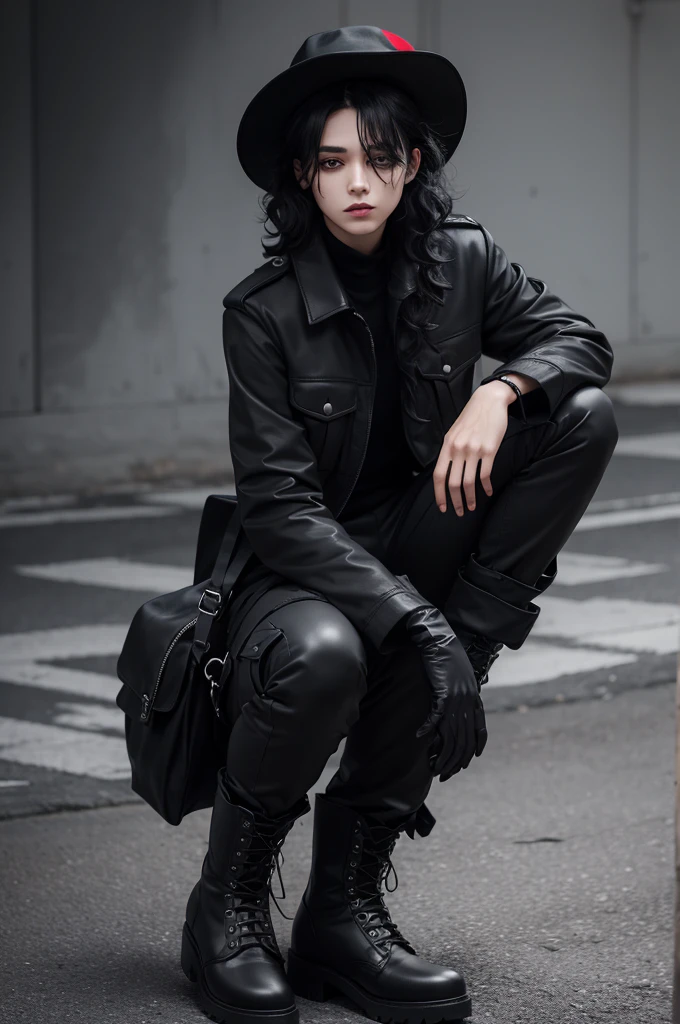 Make me a dark boy with black curly hair, eyes black, gray blouse and dead red coat, black cargo pants with black boots and black finger gloves and black hat, with bruises on the face