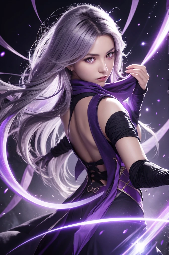 Upper Body, 1 Female, Gray Hair, Long Hair, Purple eyes, (Ninja), dagger, Large Breasts ,scarf, wallpaper, magic circle background, Particles of light, Purple Fire, fold your hands behind your back, (masterpiece), Highest quality