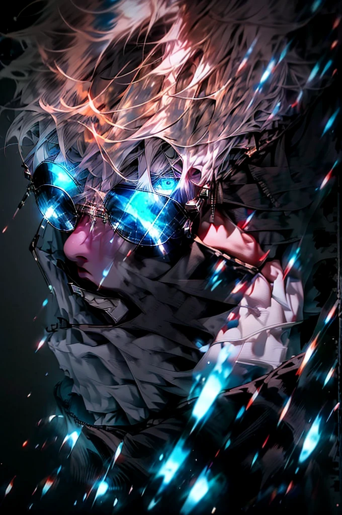 Satoru gojo, 1man, 1men, male character, white hair, glowing blue eyes, jujutsu Kaisen character, close up take, portrait take, full hd, 4k, intrincated, dinamic lights, professional digital draw.

