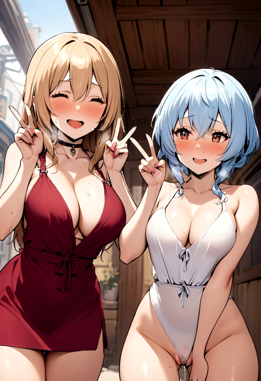 Two Women, Asuka Shikinami and Rei Ayanami, Having anal sex outdoors、Anal Release, smile, excited, incontinence, Double Peace Sign