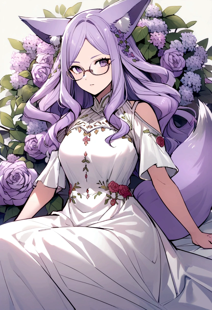 adult  woman, with lilac hair with light purple highlights, big hair, Eyeglasses, a fantasy world setting behind, discreet fox ears on top of head, a fox tail, vestimentas, white dress with rose embroidery, flowers, Sheets, a serious expression, but friendly 