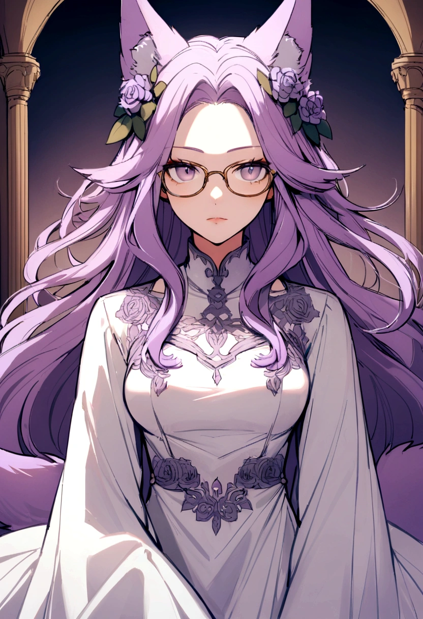 adult  woman, with lilac hair with light purple highlights, big hair, Eyeglasses, a fantasy world setting behind, discreet fox ears on top of head, a fox tail, vestimentas, white dress with rose embroidery, flowers, Sheets, a serious expression, but friendly 