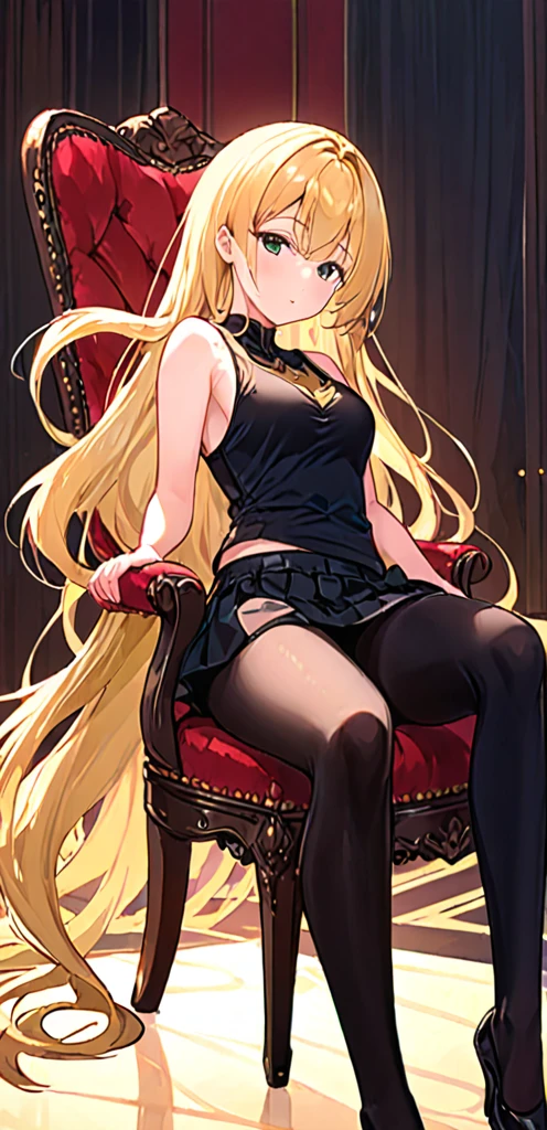 (masterpiece, best quality:1.2), 1girl, sitting in a chair, blonde, long hair, horny, without black sleeveless short vest，black skirt，black leggings, sexy pose, panties
