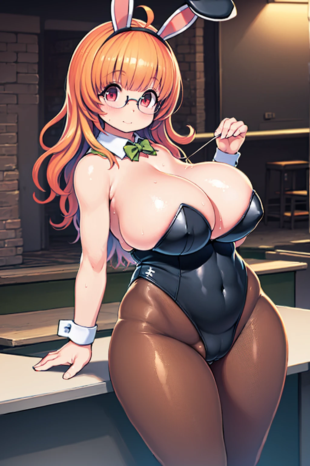 (Best Quality, masutepiece), thick thighs, Standing, Solo, 1girl in, long orange hair, (Ahoge:0.9), Glasses, Blunt bangs, Purple eyes, (full-face blush), ((Playboy Bunny, pantyhose, Bunny ears, highleg, highleg leotard, Black Leotard, Leotard)), a bar counter, nightclubs, Night,bbw、huge-breasted