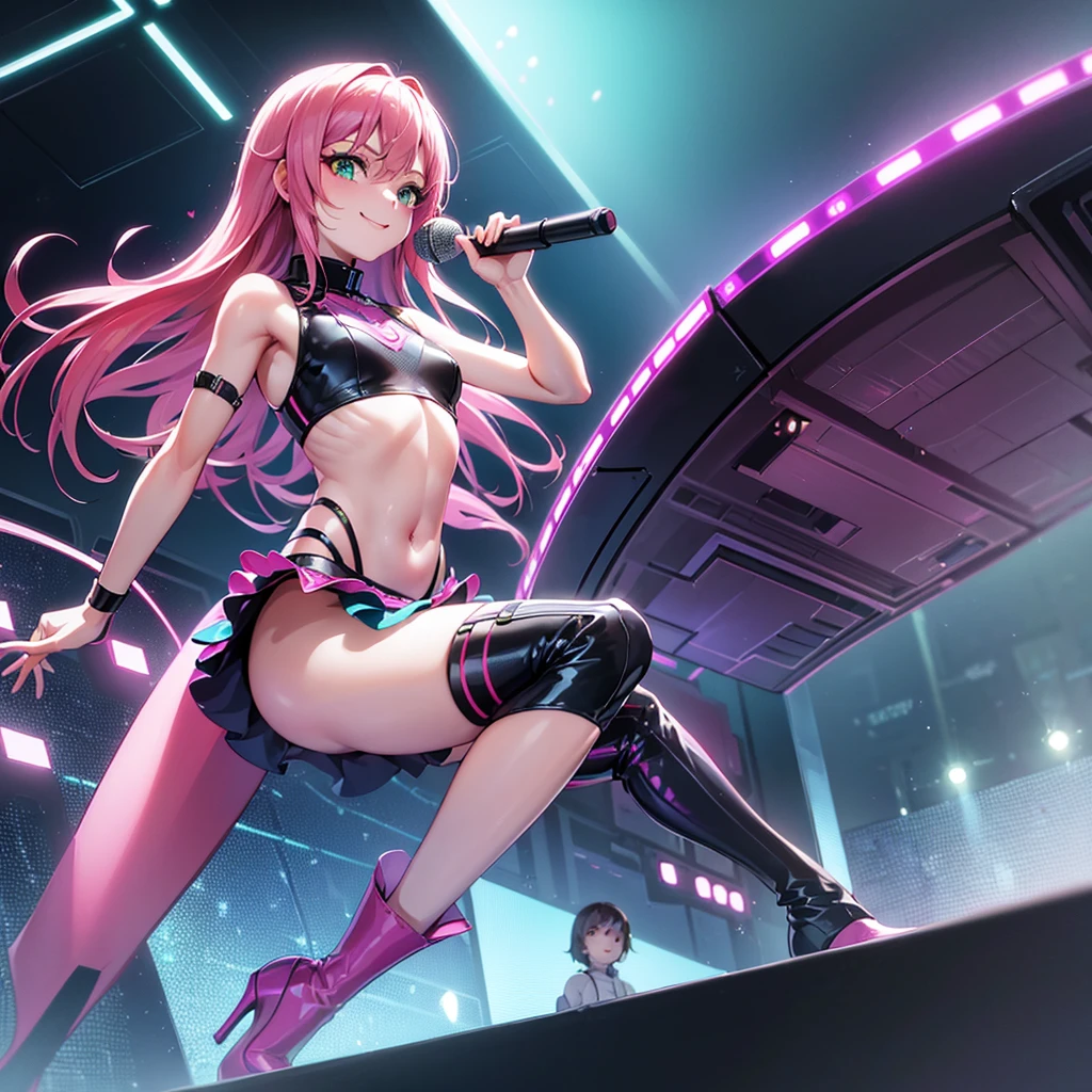 (masterpiece), (best quality), (high res) Solo, (perfect anatomy young girl (************), fair skin, pink hair (shoulder length), green eyes, (skin tight idol outfit), (blue high heels boots), (shirt), (super tight mini skirt), smiling, flat chest in a futuristic stage setting with a green light, cyberpunk, cyber suit, best anime 4k, cybersuits, singing to a big crowd of people
