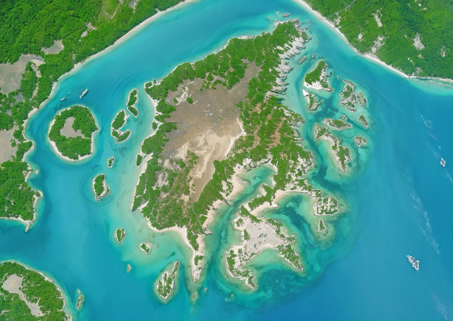 The mainland does not change, only the water surface changes. The island is surrounded by a strip of white sand that gradually spreads out to the sea. The sea surface has gentle waves and the water is as blue as the sea water in the Maldives.