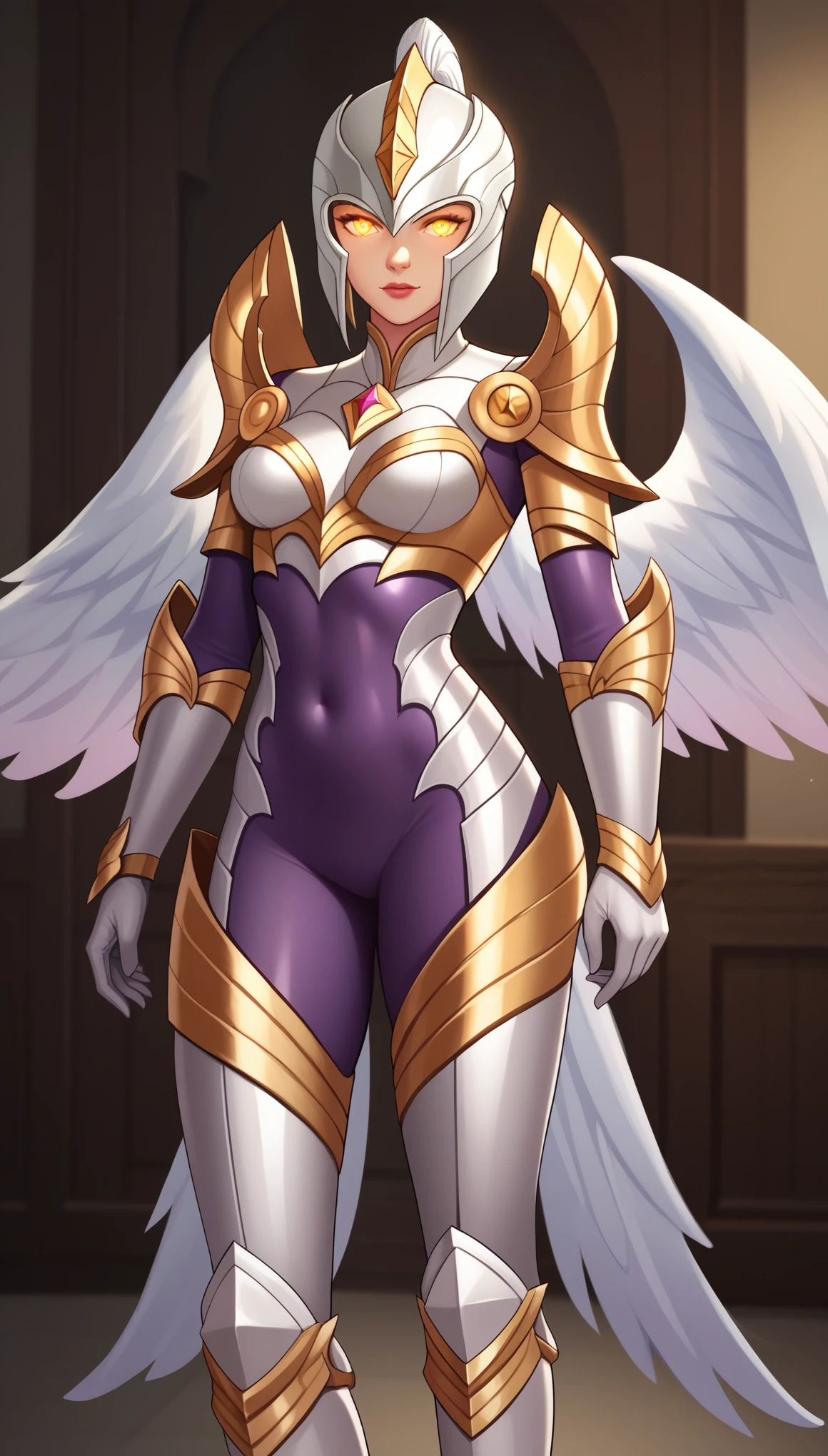 score_9, score_8_up, score_7_up, score_6_up, score_5_up, score_4_up, BREAK, KayleLoLXL, glowing eyes, yellow eyes, white barbute helmet, medium breasts, white wings, white armor, golden ornament armor, gold shoulder armor, arm armor, white gloves, white breastplate, purple bodysuit, white leg armor, white armored boots, solo, standing, looking at viewer, indoors