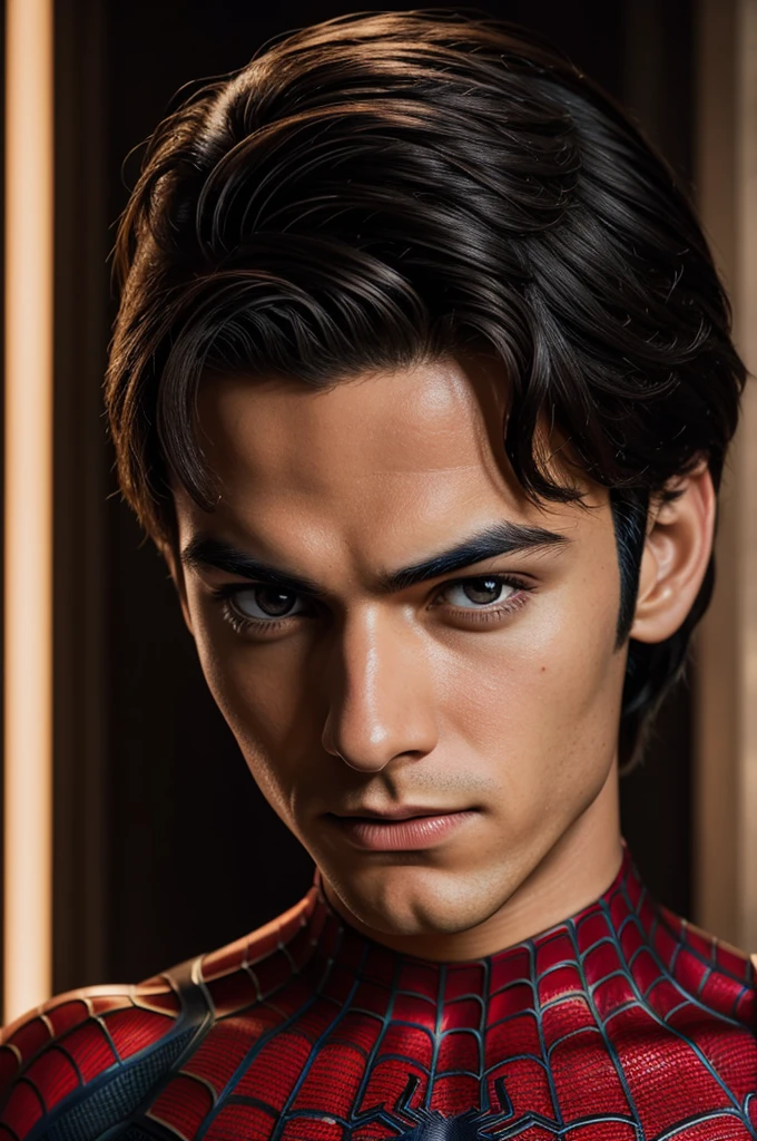 A photograph of Spider-Man., sin mascara, the 20s, elegant, detailed face, looking to the camera, portrait, 8k hd, high quality