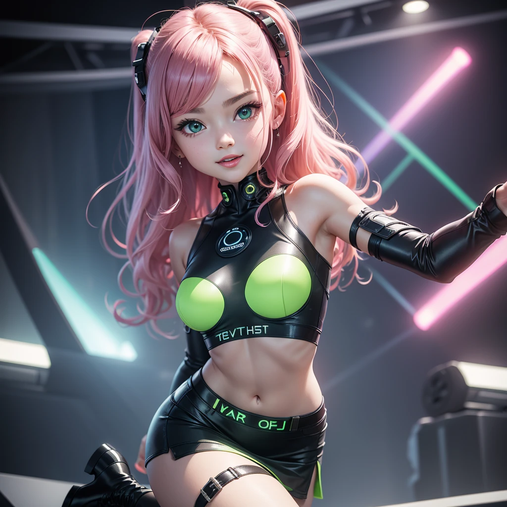 2 Chibi heroes cyberpunk style cute NAKED FRONT COMPUTER (with mini skirt) with breasts in sight,((touching the breasts))