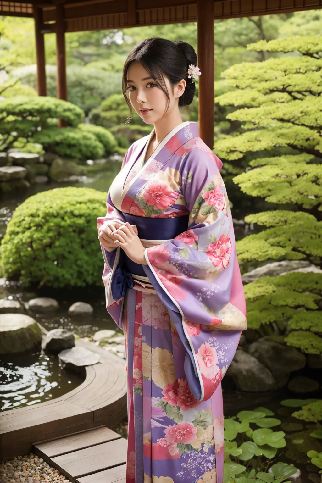 standing in a Japanese garden、Beautiful woman、Very large breasts、(looking at viewer)、nature、kimono、Japanese clothing