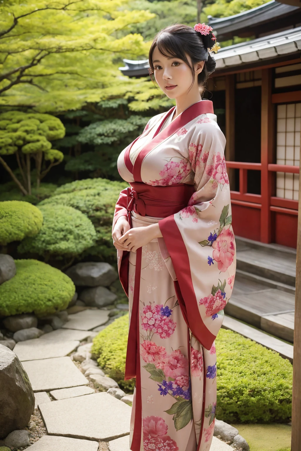 standing in a Japanese garden、Beautiful woman、Very large breasts、(looking at viewer)、nature、kimono、Japanese clothing