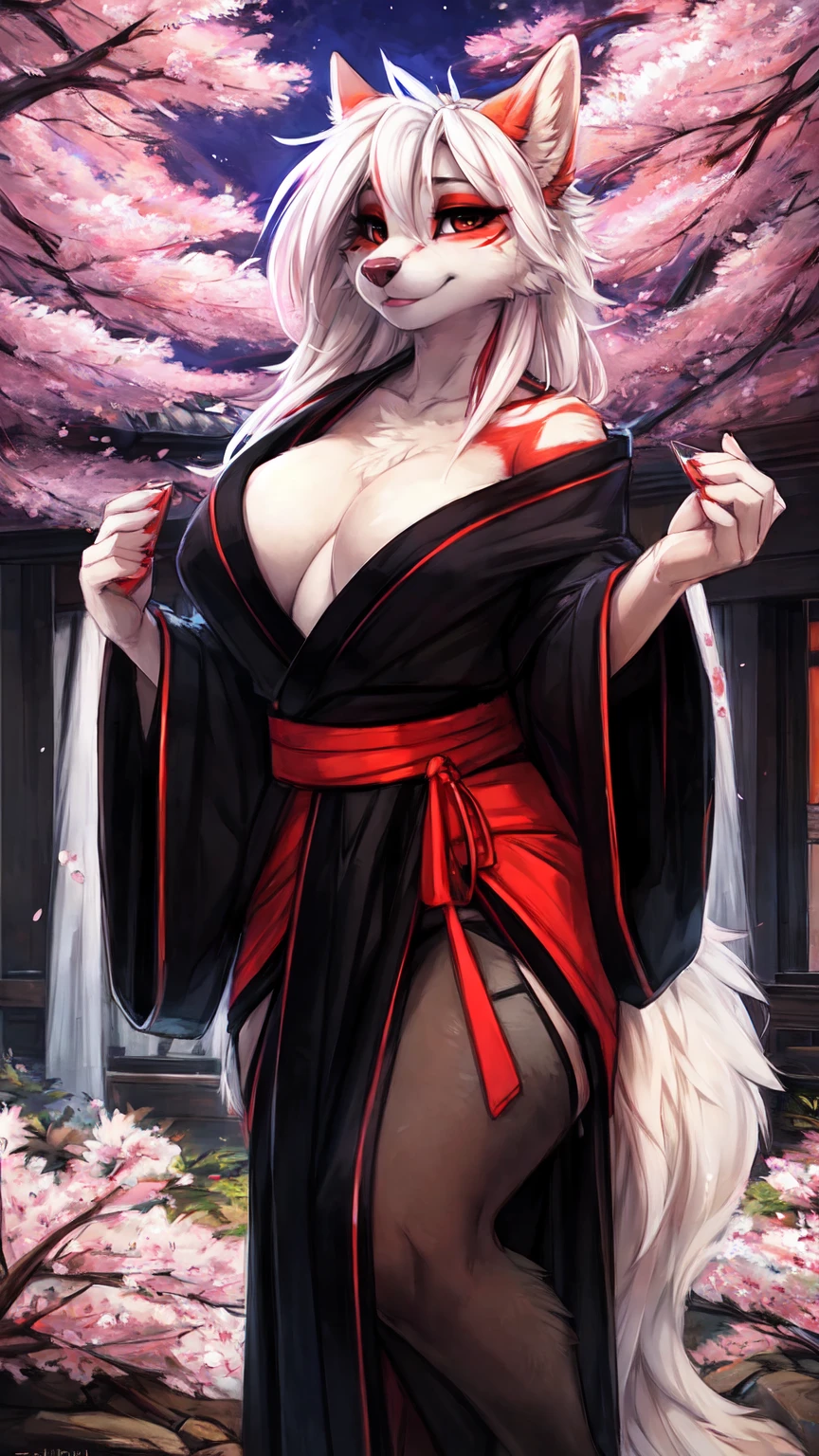 by kenket, Ross Tran, ruan jia, zaush, foxovh, by Zackary911, by hyattlen, by teranen, by fumiko, by Pixelsketcher, by fluff-kevlar, bye r-mk, by Dimwitdog, Furry, Anthro, (geisha), (luxurious black kimono), female white fox with red markings, kemono, (very huge breasts), long (elegant) white hair, hourglass body, seductive, alluring eyes, looking at viewer, red markings on body, white fur, traditional japanese, magic fantasy, (mature), milf, tall, curvy, outdoors, cherry blossoms, nighttime, (red eyeshadow), red eyeliner, very expensive black kimono with detailed cherry blossoms on it, (prostitute), lipstick, wide hips, deep cleavage,