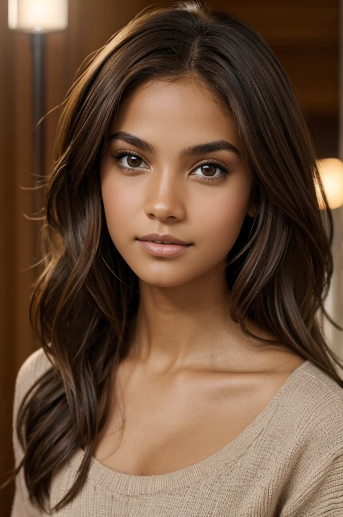 A girl with light brown skin, with light brown eyes and 2c dark brown hair and his hair is undefined 