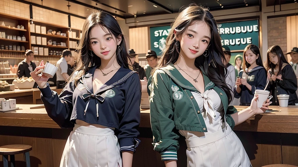 8K、RAW Photos、Highest quality、Super detailed、Super Resolution、Ultra HD、8K壁紙、Amazing details
(((Inside the Starbucks store、16 year old high school girl in sailor suit)))、Eat cake、Drink coffee、smile、Heart Necklace((Emphasize cleavage))
(Full body photo)