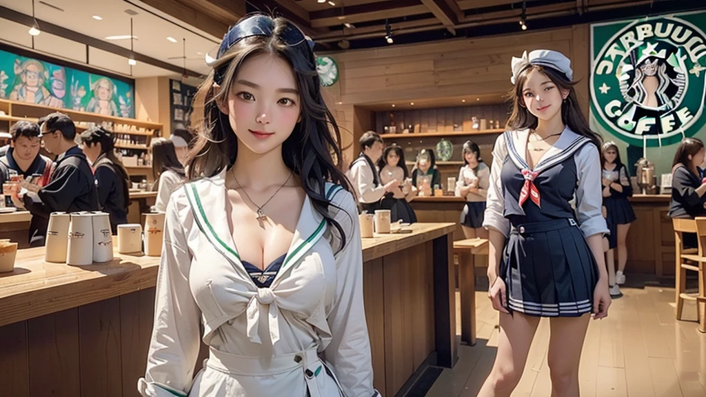 8K、RAW Photos、Highest quality、Super detailed、Super Resolution、Ultra HD、8K壁紙、Amazing details
(((Inside the Starbucks store、16 year old high school girl in sailor suit)))、Eat cake、Drink coffee、smile、Heart Necklace((Emphasize cleavage))
(Full body photo)