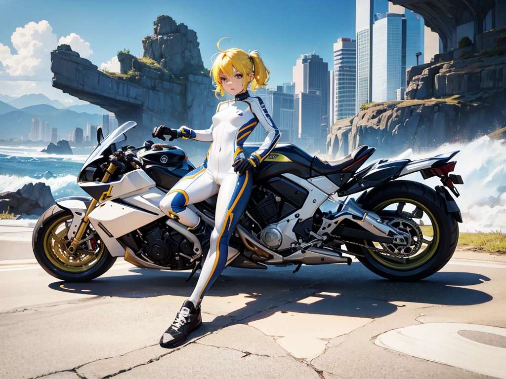 Thunder backdrop, thunder ranger, face, small breast, tight suit, speedy thunder, alien weapons , yellow hair