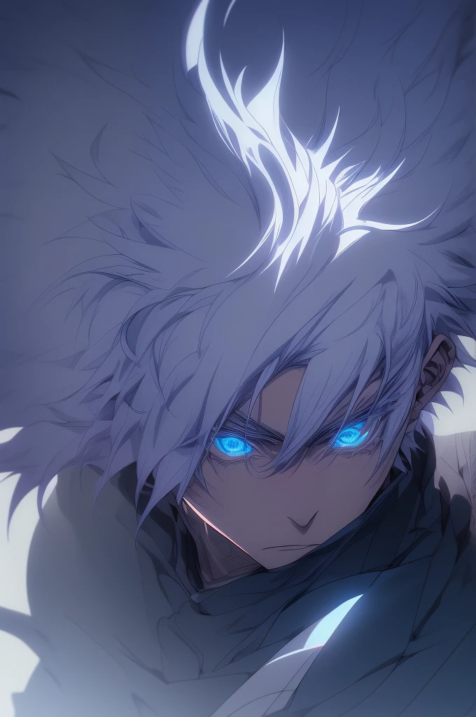 Satoru gojo, 1man, 1men, male character, white hair, glowing blue eyes, jujutsu Kaisen character, close up take, portrait take, full hd, 4k, intrincated, dinamic lights, professional digital draw.
