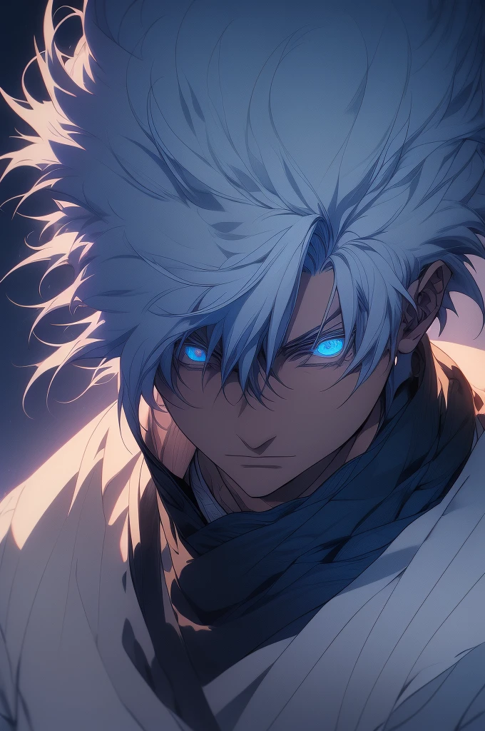 Satoru gojo, 1man, 1men, male character, white hair, glowing blue eyes, jujutsu Kaisen character, close up take, portrait take, full hd, 4k, intrincated, dinamic lights, professional digital draw.